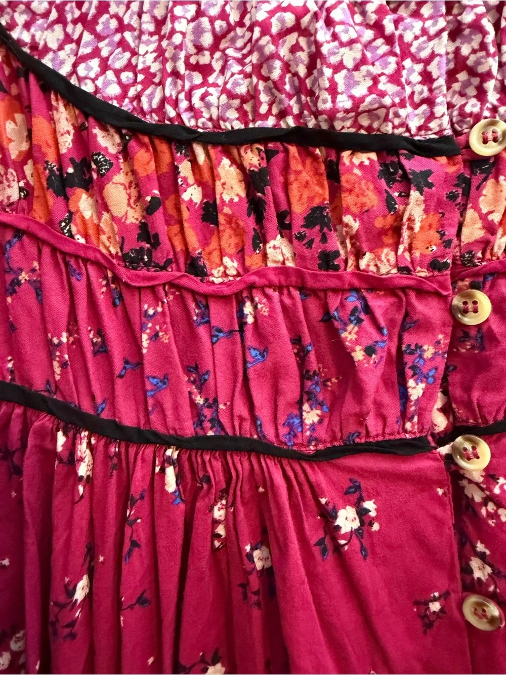Free People Floral Smocked Yoke Blouse - Raspberry